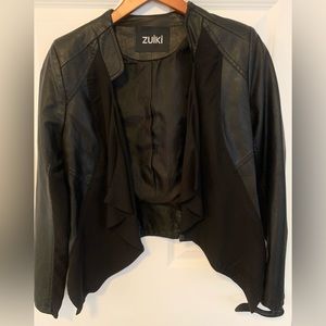 Women's Faux Leather Long Sleeve Asymmetrical Open Front Coat.